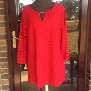 Tracera Red Lace Top, 3/4 Sleeve, XL